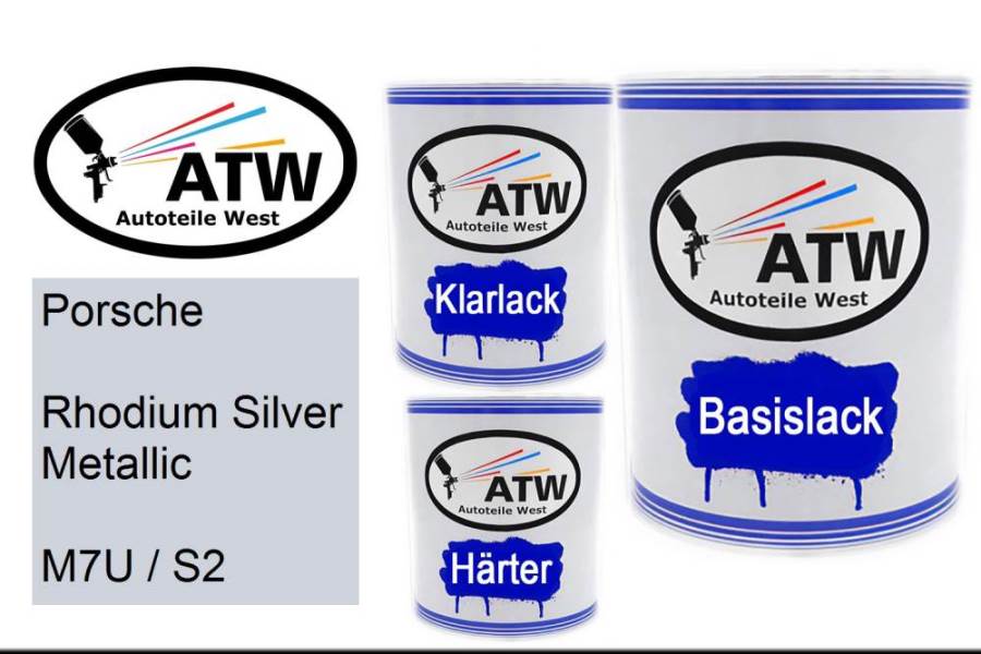 Porsche, Rhodium Silver Metallic, M7U / S2: 1L Lackdose + 1L Klarlack + 500ml Härter - Set, von ATW Autoteile West.